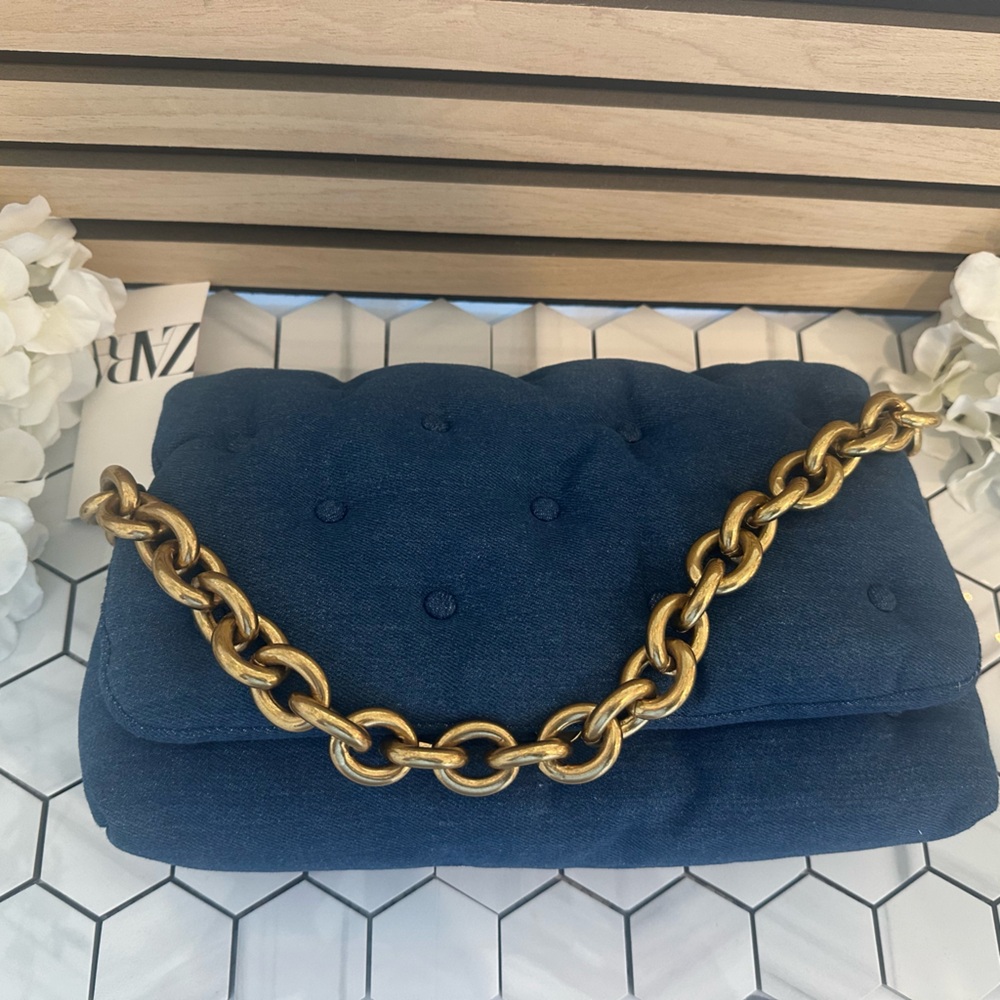 🆕 Dark Denim Handbag w Gold Chain Strap - Picture 11 of 12
